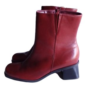 NATURALIZER LEATHER BOOTS RED 7.5, 2" HEELS BRAZIL